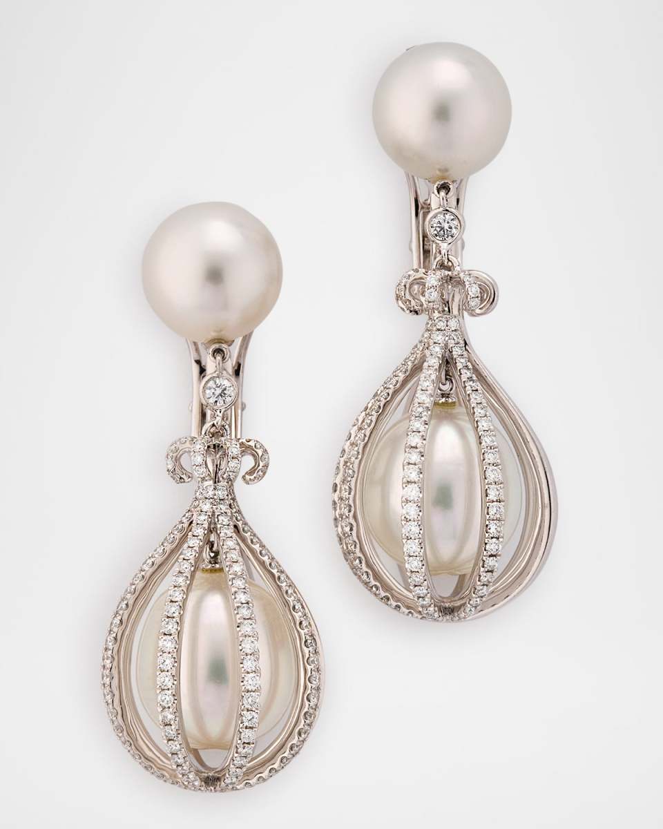 18K White Gold South Sea Pearl Earrings with Diamonds